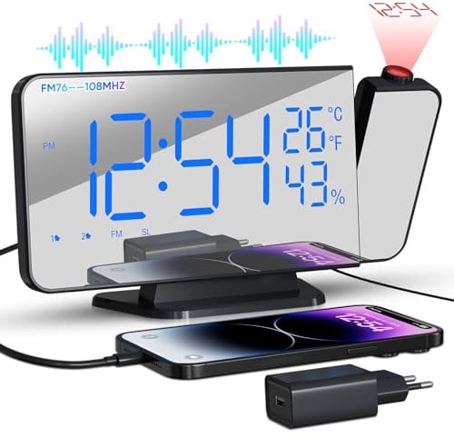 TAKRINK Despertador de Proyección Reloj Digital Proyector 180° Rotativo Radio Despertador con Radio FM Humedad Temperatura Interior con Puerto de Carga Tipo C 2 Alarmas 4 Niveles de Brillo 12/24H
