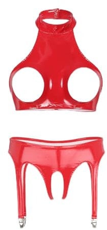 CHICTRY Womens 2 Piece Lingerie Set Stretch Vinyl Shelf Bra Quarter Cup Bra Tops with Panty Nightwear 6# Red A XXL