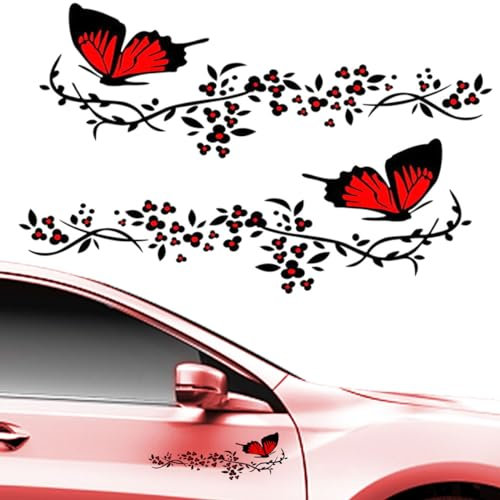 NIYATA 2 Stück Aufkleber mit Blumen und Schmetterlingen, Blumen, Autoaufkleber, Schmetterling, für Auto, Koffer, Wände (rot und schwarz)