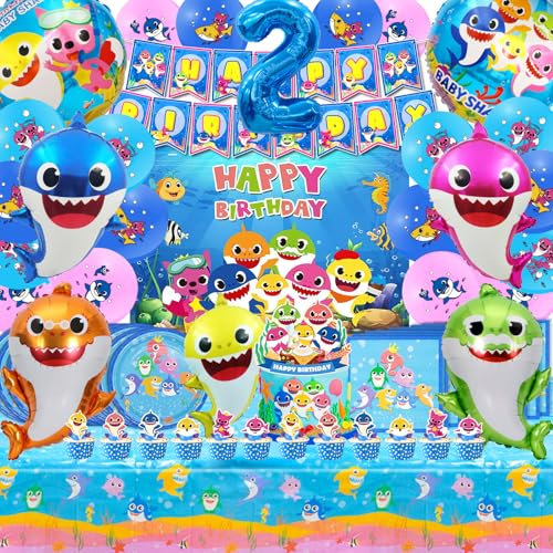 84 Pcs Shark Geburtstagsdeko 2 Jahre, Shark Deko Kindergeburtstag, Shark Birthday Party Set, Shark Decoration, Hai Geburtstagsdeko, Shark Party Supplies Set, Shark Luftballons, Shark Folienballons