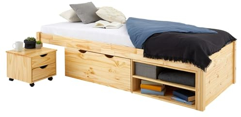 IDIMEX Schubladenbett Sabrina mit Rollwagen und Schublade, 90x200 cm, Kiefer Natur - inklusive 2 Schubladen, Regal mit 2 Ablagen, optimales Jugendbett und Gästebett, Robustes Holz Bett