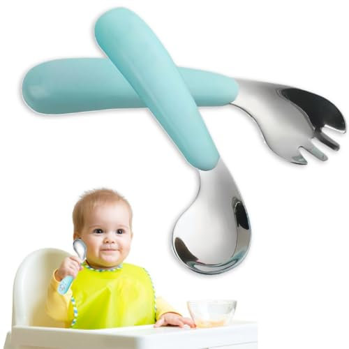Couverts bébé ergonomiques en silicone alimentaire et acier inoxydable - couverts bébé apprentissage diversification alimentaire - cuillère fourchette bébé souple alimentation enfant