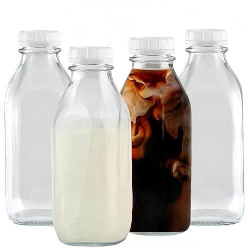 Lot de 4 bouteilles de lait en verre transparent avec couvercle, réutilisables sans bouteille avec couvercles, pour jus, vinaigrettes, sauces, boissons, décoration et St Valentin