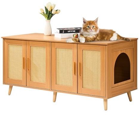 VEVOR Arenero para Gatos, 1200 x 450 x 500 mm, Caja de Arena para Gatos, con 4 Puertas de Ratán y 2 Entradas, Mueble para Interior, Apto para la Mayoría de Areneros, Carga 68 kg, Color Verde