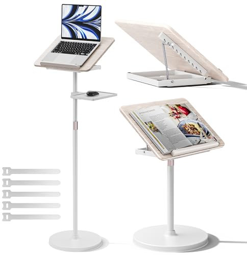 Haweah Support de Livre Réglable Bureau Debout pour Ordinateur Polyvalent pour Sol et Bureau, réglable en Hauteur de 60-130cm, pour partitions, Recettes, Tablette, Ordinateur Portable - blanc
