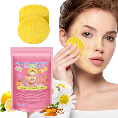 LOPEH Turmeric Kojic Acid Cleansing Pads, Tamponi Detergenti Alla Curcuma 40 Pezzi, Turmeric Pads per Pulizia del Viso, Exfoliating Cleansing Pads Adatto a Tutti i Tipi di Pelle