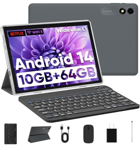TUOHAITIME Tablet 10 Zoll Android 14 Tablets, 64GB ROM+10(4+6 Expand) RAM 1TB erweiterbar, Octa-Core, Widevide L1, WLAN, 6000mAh, Dual Kamera, Tablet PC mit Tastatur, Tasche, Eingabestift (Schwarz)