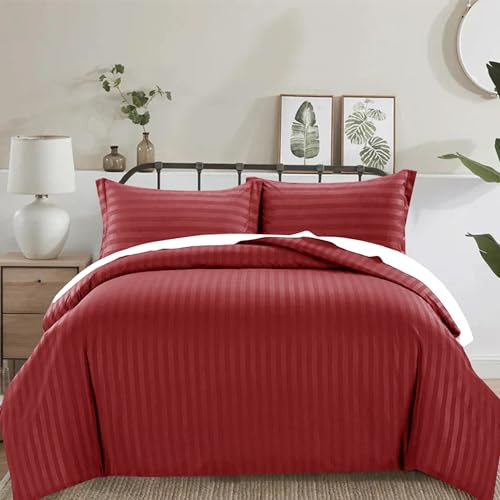 PRIME LINENS 4 Piece Duvet Cover Set Stripes Satin Quilt Cover Bedding Set with Pillowcase and Extra Fitted Sheet Included Machine Wash Hotel Quality (Burgundy, Super King)