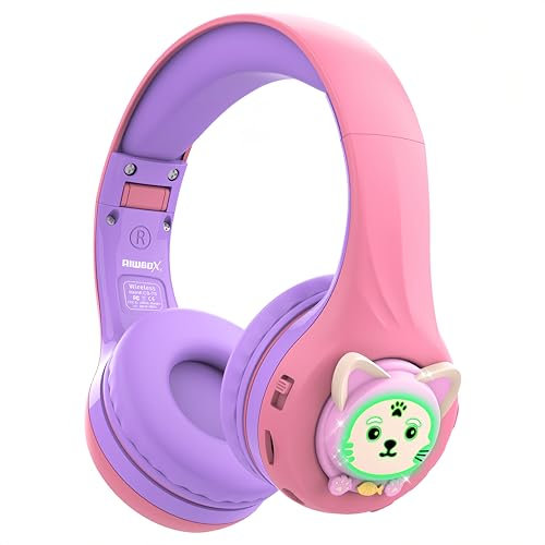 Riwbox Kids Bluetooth Headphones, CB-7S Bluetooth Wireless Over Ear Headphones LED Light Up with Mic and Safe Volume Control for iPad/Travel/School/Laptop/PC/TV (Pink&Purple)