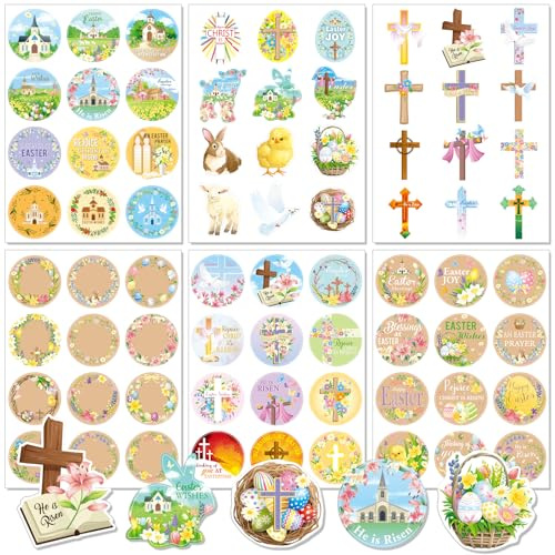 DPKOW 216pcs Religious Easter Stickers, Easter Christian Stickers, Label Stickers Self Adhesive, Bunny Egg Chicken Cross Stickers, Christian Sealing Stickers Gifts Decorations