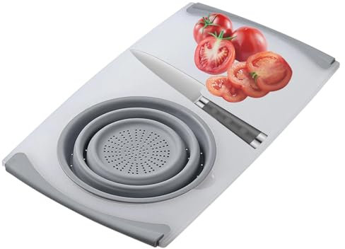 Sopra il lavello Tagliere con colino – Tagliere con contenitori, tagliere a setaccio | Setaccio allungabile durevole, sopra il lavandino, tagliere per (grigio chiaro)