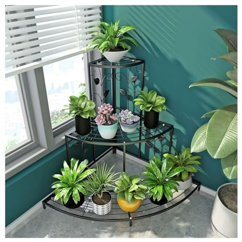 Eckregal Aus Metall Mit 3 Ebenen Für Drinnen Und Draußen, Blumentopfständer Aus Eisen, Pflanzenständer Im Treppenstil, Für Terrasse, Garten, Balkon, Wohnzimmer, Platzsparend(Schwarz,60x60x65 cm)
