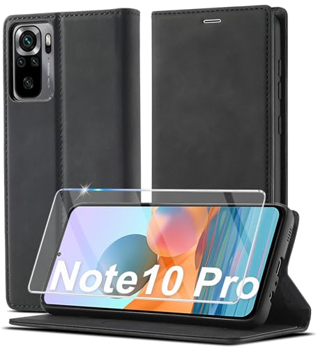 Ailicici für Xiaomi Redmi Note 10 Pro/ 10 Pro Max Hülle Leder, Mit Schutzfolie, Handyhülle für Xiaomi Redmi Note 10 Pro Klapphülle Klappbar, Leder Flip Kartenfach Wallet Case Cover Schutzhülle