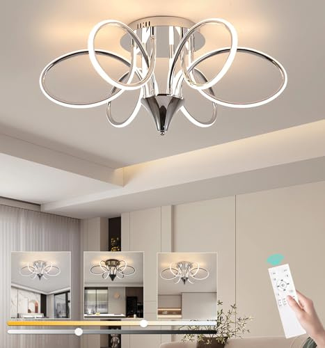 LIYYANG Moderne LED Deckenleuchte 90W Nordische Deckenbeleuchtung Dimmbare Wohnzimmer Deckenleuchten Esszimmer Kronleuchter mit Fernbedienung Schlafzimmer Hängende Deckenlampe (Chrom, Φ56cm)