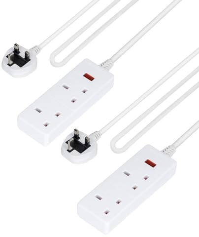 GEEPAS 2 Gang Extension Lead, 1M Cable | 2-Way Plug Extension Cable with Neon Indicator Light | Wall Mountable & Multi Socket Mains Strip for Home Bedroom Office | Heavy Duty UK Plug | White Pack of 2