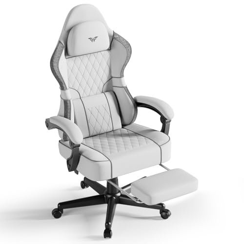 Huracan Silla Gaming, Silla Gamer 150 kg de Capacidad de Carga con masajeador, Silla de Juegos ergonómica, con cojín reposacabezas y Soporte Lumbar, reposapiés, Gaming Chair algodón y Lino, Blanco