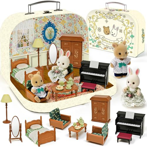 Dollhouse Bedroom Furniture Accessories Suitcase Set for Kids, 2 Flexible Dolls/Table/Bed/Bedclothes/Floor Lamp/Safety Mirror/Wardrobe/Piano/Stool, Pretend Play Christmas Birthday Gift for Girls 3+