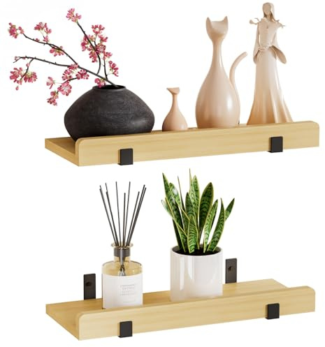 Yorbay Lot de 2 étagères murales en bois 40 cm pour chambre à coucher salon | Étagère pour cadres photos, décorations pots à épices - Étagères flottantes murales rustiques idéales pour salle de bain et