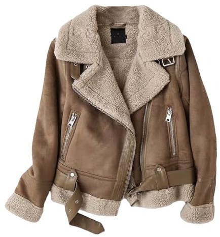 Cappotto invernale in montone con tasche da donna, giacca in similpelle spessa, parka con fodera e cerniera, tosatura color cachi, taglia piccola