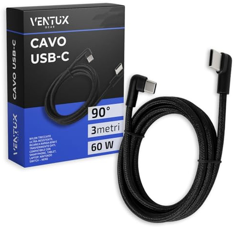 Cavo USB-C 90° Angolato 3 Metri – Nylon Trecciato Ultra-Resistente, Ricarica Rapida 60W e Trasferimento Dati, Compatibile con Smartphone, Tablet, Laptop, Nintendo Switch – Nero
