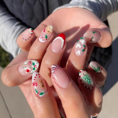 24PCS Christmas French Press On Nails Almond, Nude Glitter Glossy French Tip False Nails with Gingerbread Man Santa's Hat Xmas Tree Designs, Acrylic Stick on Nail Manicure Kits for New Year Nail DIY