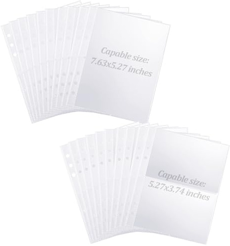 20 fogli di inserti per raccoglitori ad anelli, formato A5, in plastica trasparente, in polietilene, per raccoglitori a 6 anelli, perfetti per cartoncini, cartoline, immagini, 20 x 15 cm