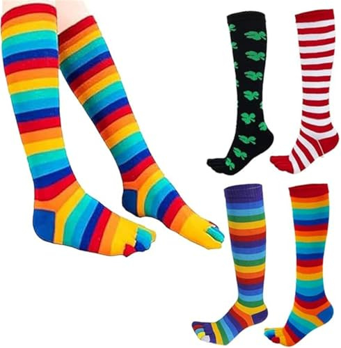 AOOPOO Chaussette à Doigts Femme Rayées Colorées Chaussette Orteils Séparés de Sport en Coton, Chaussettes Hautes Montantes Femme Chaussettes Genoux Longues avec Doigt de Pied Socquette, EU 35-40