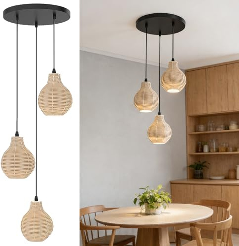 COSTWAY Suspension Luminaire en Rotin à 3 Lumières, Lustre Tissé à la Main, Hauteur Réglable, 3 Culots d'Ampoule E27, Lustre Style Bohème, Suspension Luminaire pour Salon Chambre Cuisine