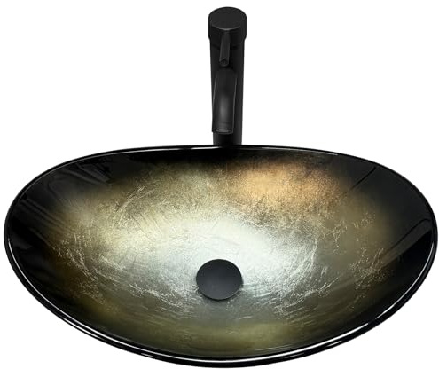 ZealWe Aufsatzwaschbecken Glas Oval, Waschbecken Waschschale für Badezimmer mit Ablaufgarnitur, Handwaschbecken Gäste WC 53 × 35 × 15,5 cm Waschtisch Waschplatz, Gold