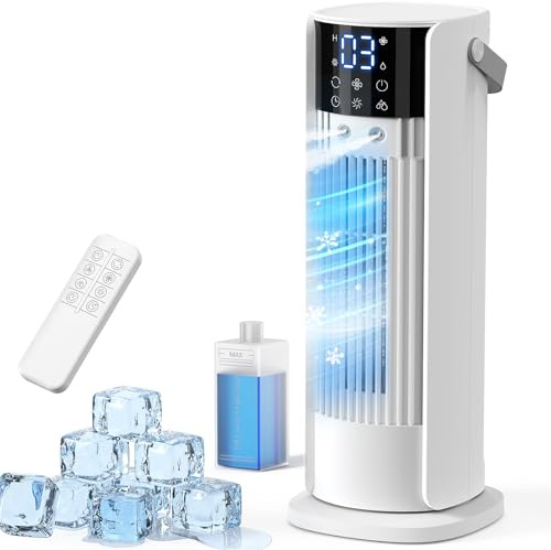 Climatiseur Mobile Silencieux 4 en 1 Ventilateur Rafraichisseur d'air avec 4 Vitesses de Ventilation, 2 Modes de Pulvérisation, Oscillation à 90° et Minuterie pour Chambre Cuisine Bureau