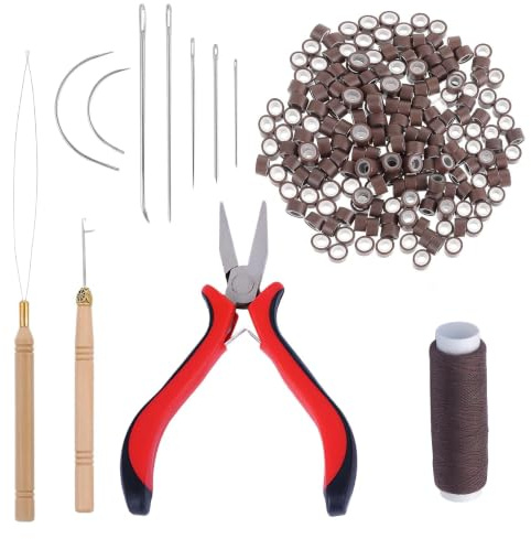 Microring Extensions Echthaar Set,Tressen Zubehör Set,Enthält 200 Stück Nanoringe Mit Silikon,2 Häkelnadeln,1 Stück Extensions Zange,1 Spule Nähmaschinengarn,7 Nadeln,Braun