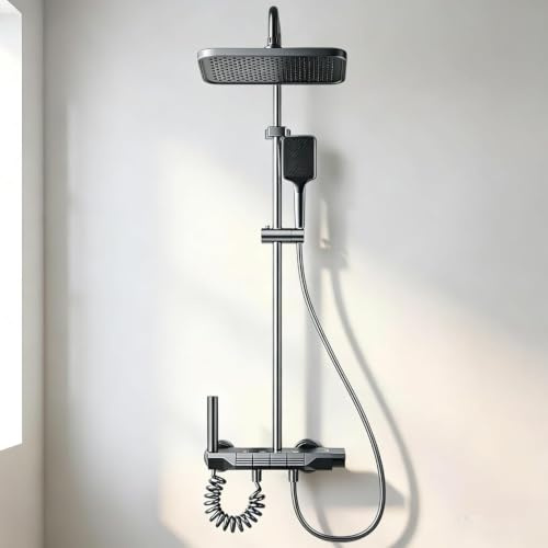 Shower Mixer Set with 4 Function, Piano Key Control, Adjustable Shower Head and Handheld Shower, Adjustable Shower Rail Easy Install Suitable for Bathrooms