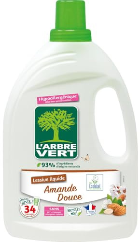L'ARBRE VERT Lessive Liquide Amande Douce Hypoallergénique Ecolabel - Format 1,5 kg - 34 lavages - Bidon en plastique recyclable - Fabriqué en France - Lot de 3