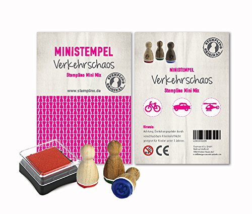 Stemplino® Holzstempel Set 3er Pack Verkehrschaos - 3 Ministempel: Fahrrad Auto Hubschrauber | 10 verschiedene Motivmixe zur Auswahl | Mini Geschenke Kinder Mini Spielzeug Stempel Set