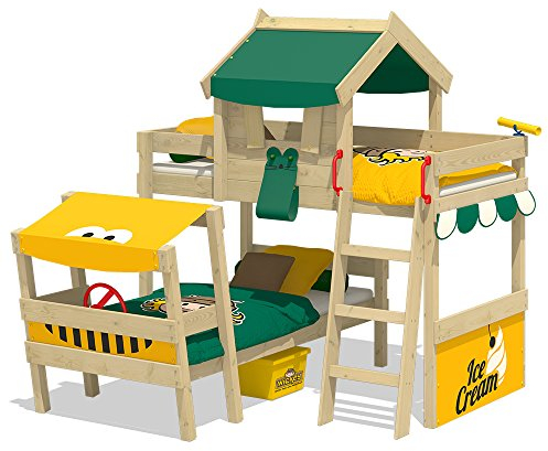 Wickey Kinderbett Etagenbett Crazy Trunky aus Massivholz - grün/gelbe Plane Hausbett, 90 x 200 cm Hochbett mit Spielzeugzubehör für Kinder - individuell Gestaltbar