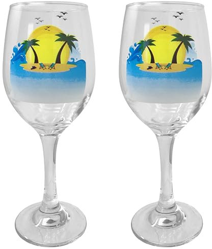 Strand-Weingläser – Set mit 2 Standard-Weingläsern – handbemalte Ozeanside maritimes Design – Küste – 400 ml