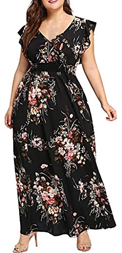 VEMOW Plus Size Elegante Damen Frauen Casual Kurzarm Kalt Schulter Boho Blumendruck Casual Täglichen Party Strand Langes Kleid Schulterfrei Strandkleid(X5-Schwarz, 48 DE/XXL CN)