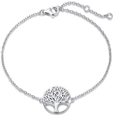 Bracciale con Albero Della Vita in Argento Sterling 925 Massiccio, Placcato Oro Bianco, per Donne e Ragazze e Adolescenti, Lunghezza della Catena: 16 + 3 cm
