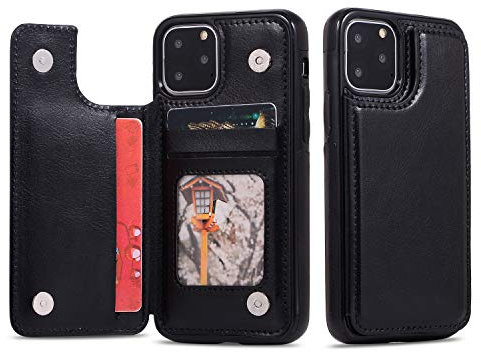 UEEBAI Case for iPhone 11 Pro, Luxury PU Leather Case with [Two Magnetic Clasp] [Card Slots] Stand Function Durable Shockproof Soft TPU Case Back Wallet Cover - Black