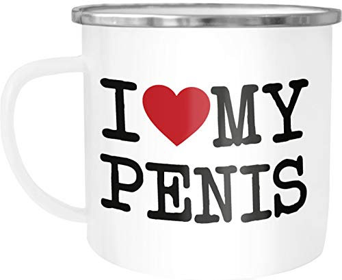 Moonworks® Emaille-Tasse mit Spruch I love my Penis/Pimmel Boobs I love your Boobs/Penis Emaille-Becher lustig ironisch my Penis weiß-metall Emailletasse