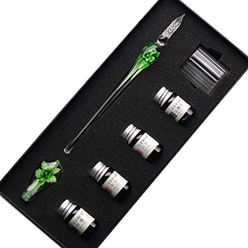 SIPLIV Handgefertigte Kristall Glas Intarsia Dip Füllfederhalter Set Kalligraphie Signaturen Stift mit 4 Farben Tinte, Stifthalter, Reinigungsbecher, Grün