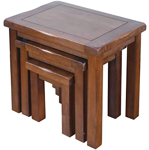 Aurotrice Original Solid Oak Nest of 3 Tables Wood Retro Style Side/End/Lamp Nesting Coffee Table Set Wooden