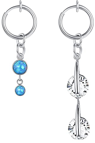 LAURITAMI Fake Belly Rings Clamp Silver Clip on Helix Cartilage Ear Earrings Non-Pierced Spring Hoop 10mm with Dangle Pendant