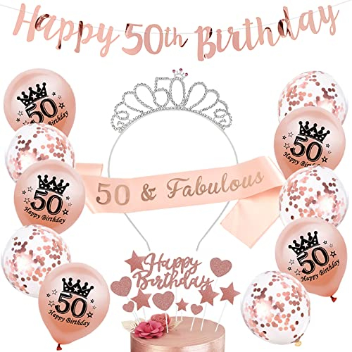 Wendergo Rose Gold Birthday Party Decorations Kit - 50th Birthday Banner, Sash, Tiara, Cake Toppers, Crown Confetti Balloons & Party Supplies
