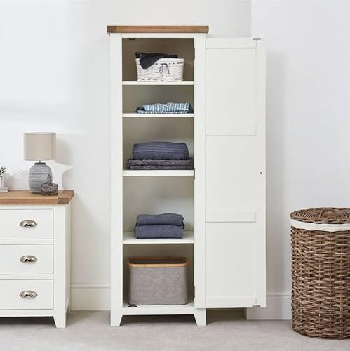 The Furniture Market Cheshire White Painted Single Door Shaker Cupboard with 5 Adjustable Storage Shelves, Limed Oak Top, Kitchen, Living Room, or Bedroom - H 1800mm x W 610mm x D 415mm
