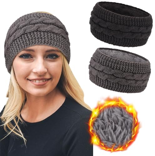 DRESHOW Femmes Chaud Tricoté Bandeau Hiver Oreille Plus Chaud Crochet Tête Enveloppe épais Polaire Doublure Cheveux Bandes, Taille unique, 2pcs Cable Knit Style Set-01UK