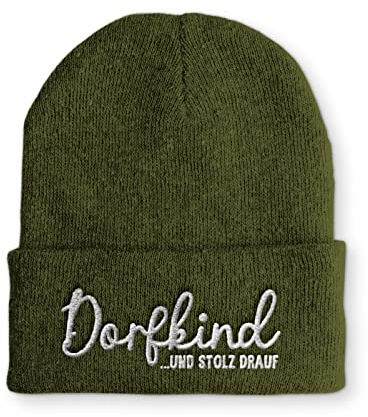 tshirtladen Dorfkind und stolz drauf Statement Wintermütze lustige Mütze für Damen und Herren, Farbe: Olive