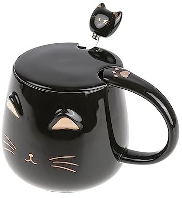 lachineuse - Tasse Chat Kawaii 450ml - Mug Chat avec Couvercle & Cuillère - Coloris Noir & Or en Céramique - Mug à Infusion Thé Café - Tasse Originale Japonaise - Idée Cadeau Japon Asie Kitty Mignon