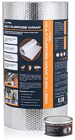 SuperFOIL Foil Insulation Roll 0.6m x 20m and Aluminium Foil Tape Bundle - 3-in-1 Sustainable Thermal Insulation Reflective Radiant Barrier & Vapour Barrier