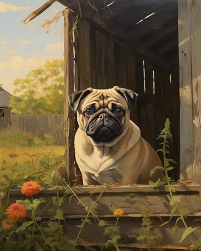 Mops auf dem Bauernhof,Malen nach Zahlen auf Leinwand,Malsets inklusive Pinsel und Pigmente,40x50cm,ohne Rahmen